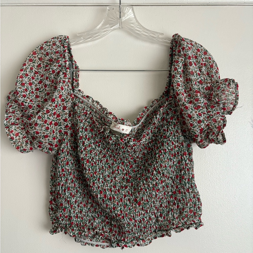 Blush Red and Black Floral Smocked Blouse